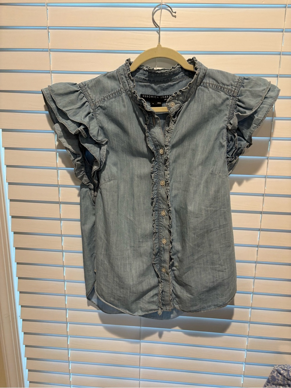 Veronica Beard Light Blue Ruffle Sleeve Chambray Top